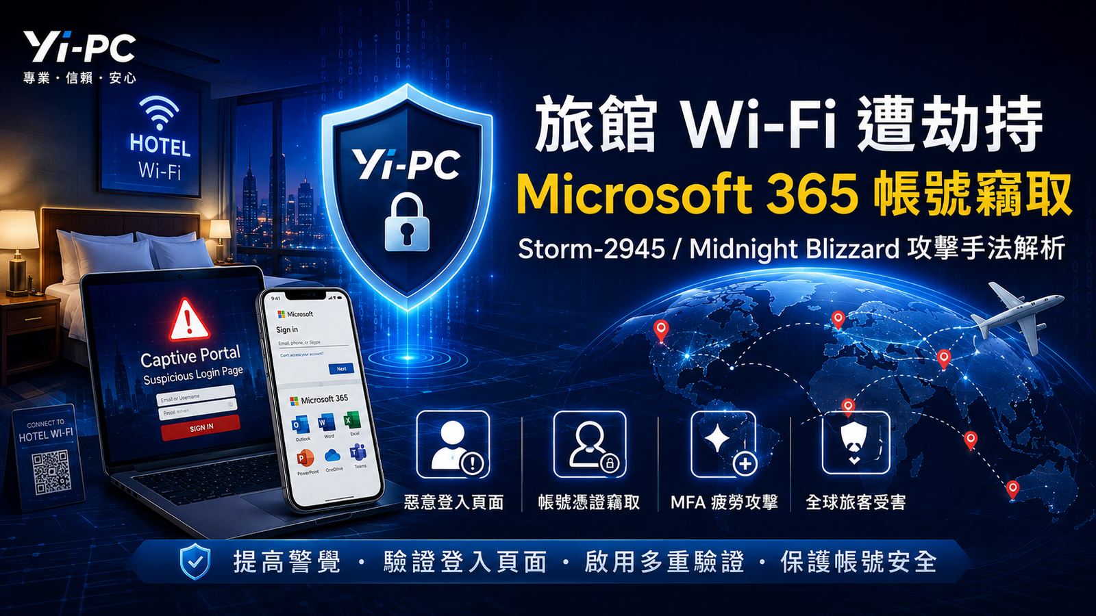 企業旅客在旅館使用公共 Wi-Fi 時遭遇假更新與 Microsoft 365 帳號竊取警示的資安插圖